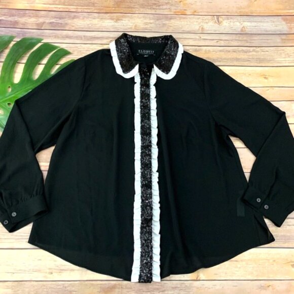 ELOQUII Studio Black and White Ruffle Sequin Tuxedo Button-Down TOP SZ. 16 - Picture 6 of 11